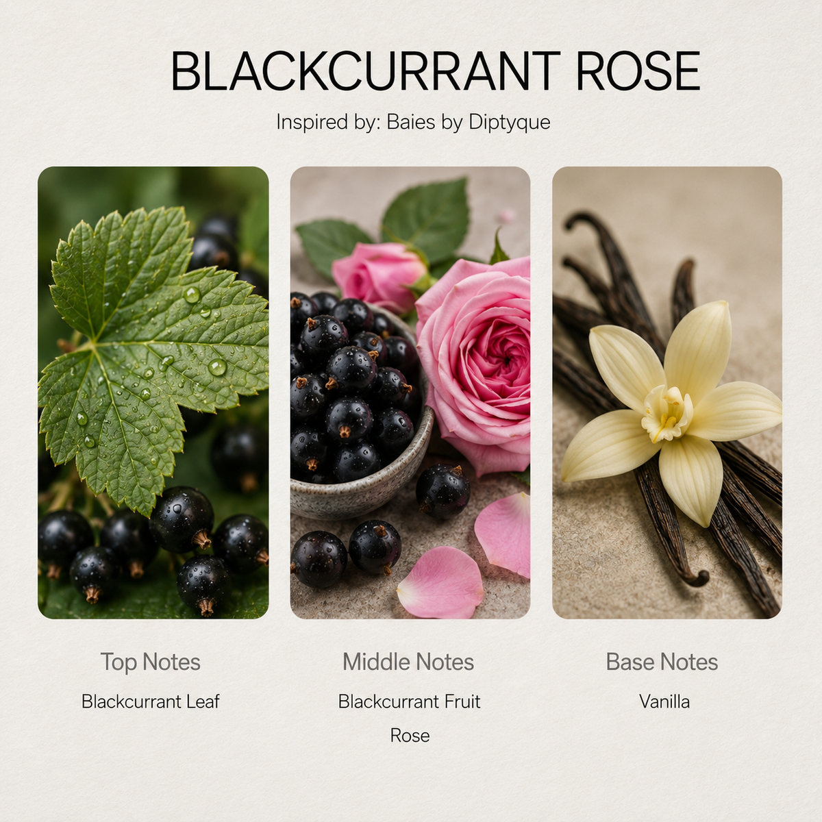 Blackcurrant Rose scent notes chart: blackcurrant leaf, blackcurrant fruit, vanilla
