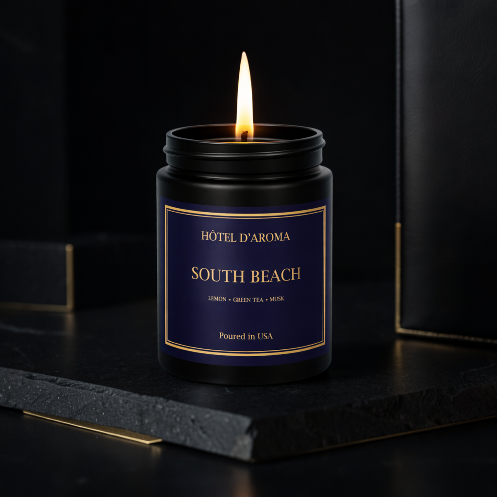South Beach candle lit in a dark hotel-suite setting, Hôtel d'Aroma by Aroma House Miami