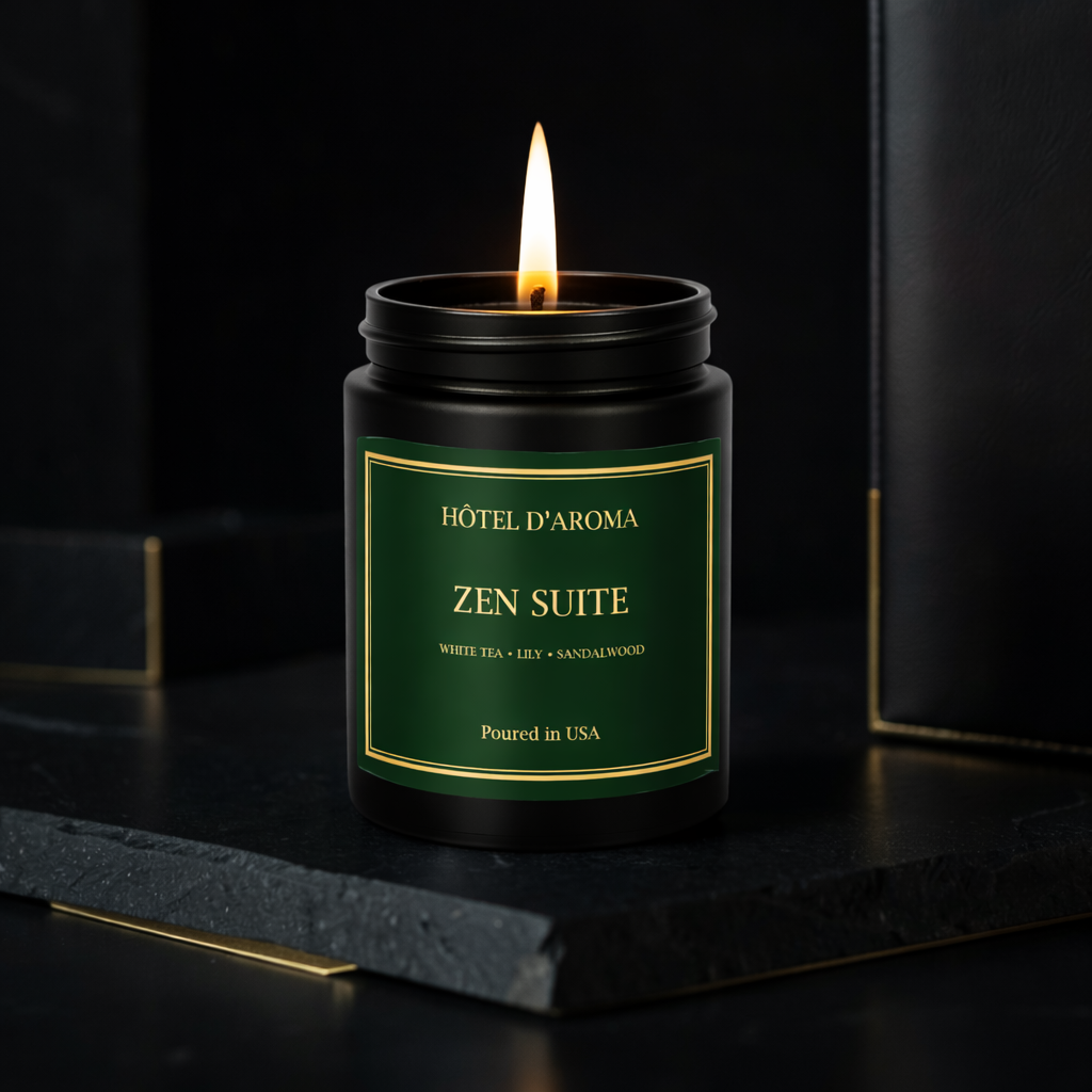 Zen Suite candle lit in a dark hotel-suite setting, Hôtel d'Aroma by Aroma House Miami