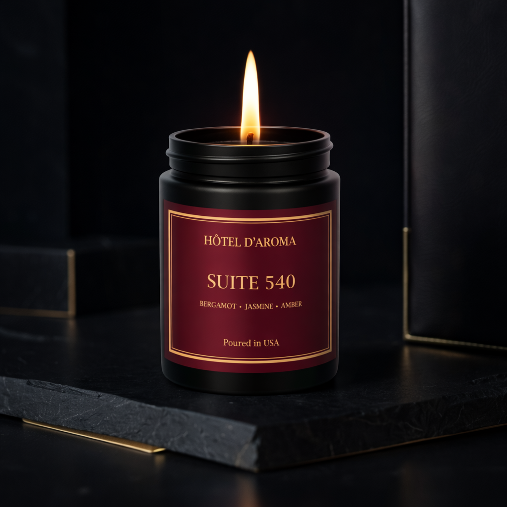 Suite 540 candle lit in a dark hotel-suite setting, Hôtel d'Aroma by Aroma House Miami