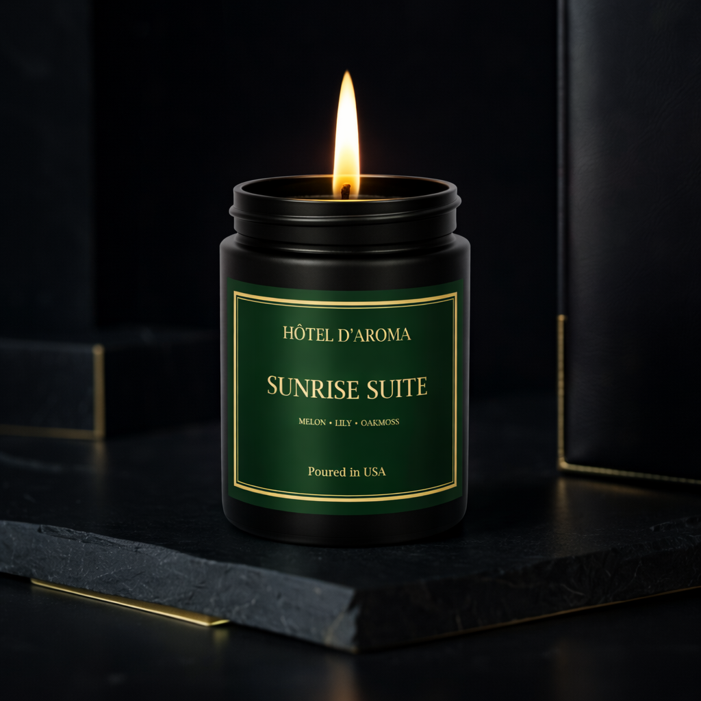 Sunrise Suite candle lit in a dark hotel-suite setting, Hôtel d'Aroma by Aroma House Miami