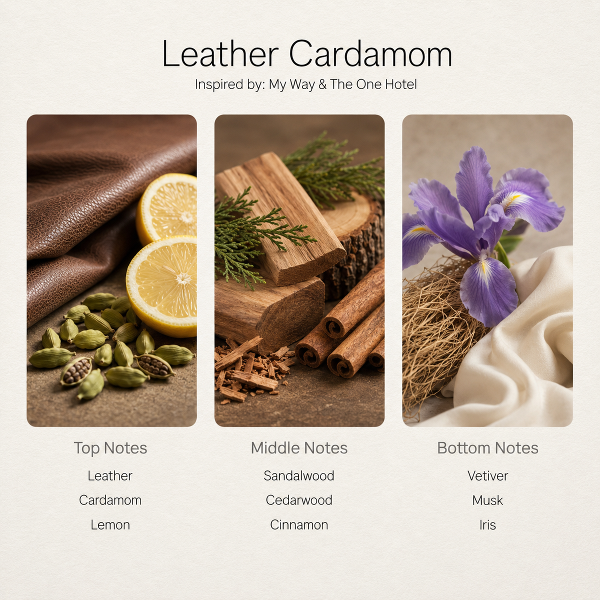 Leather Cardamom scent notes chart: leather, sandalwood, vetiver