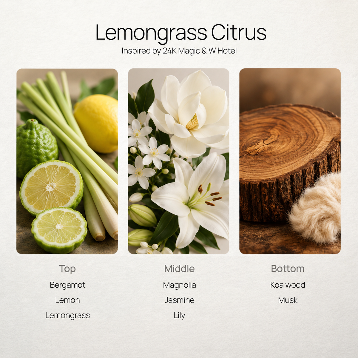 Lemongrass Citrus scent notes chart: bergamot, magnolia, koa wood