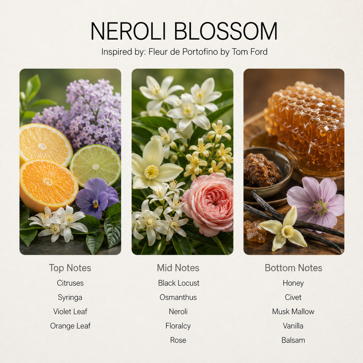 Neroli Blossom scent notes chart: citruses, black locust, honey