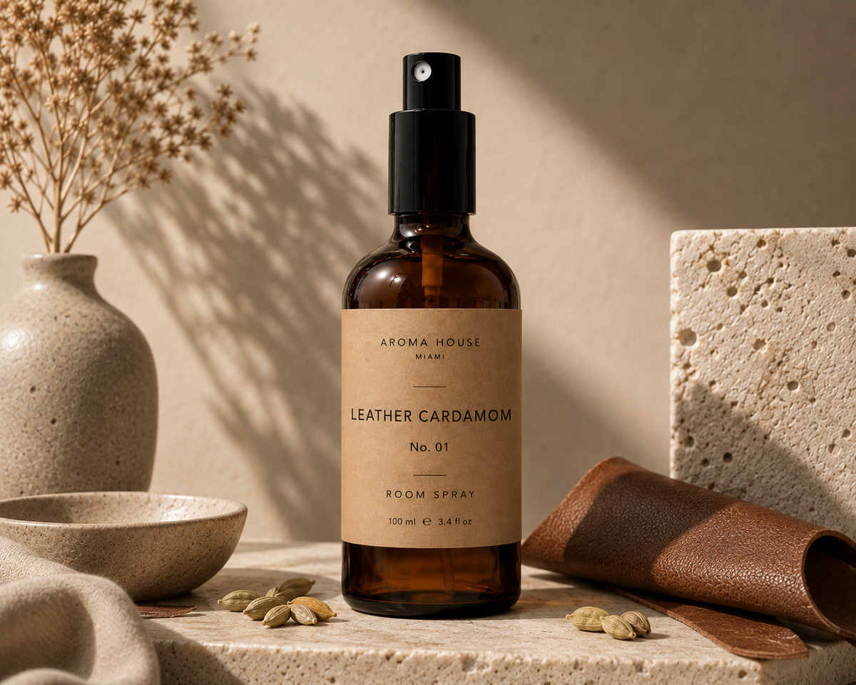 Leather Cardamom room spray in amber glass bottle styled on a stone shelf, Aroma House Miami
