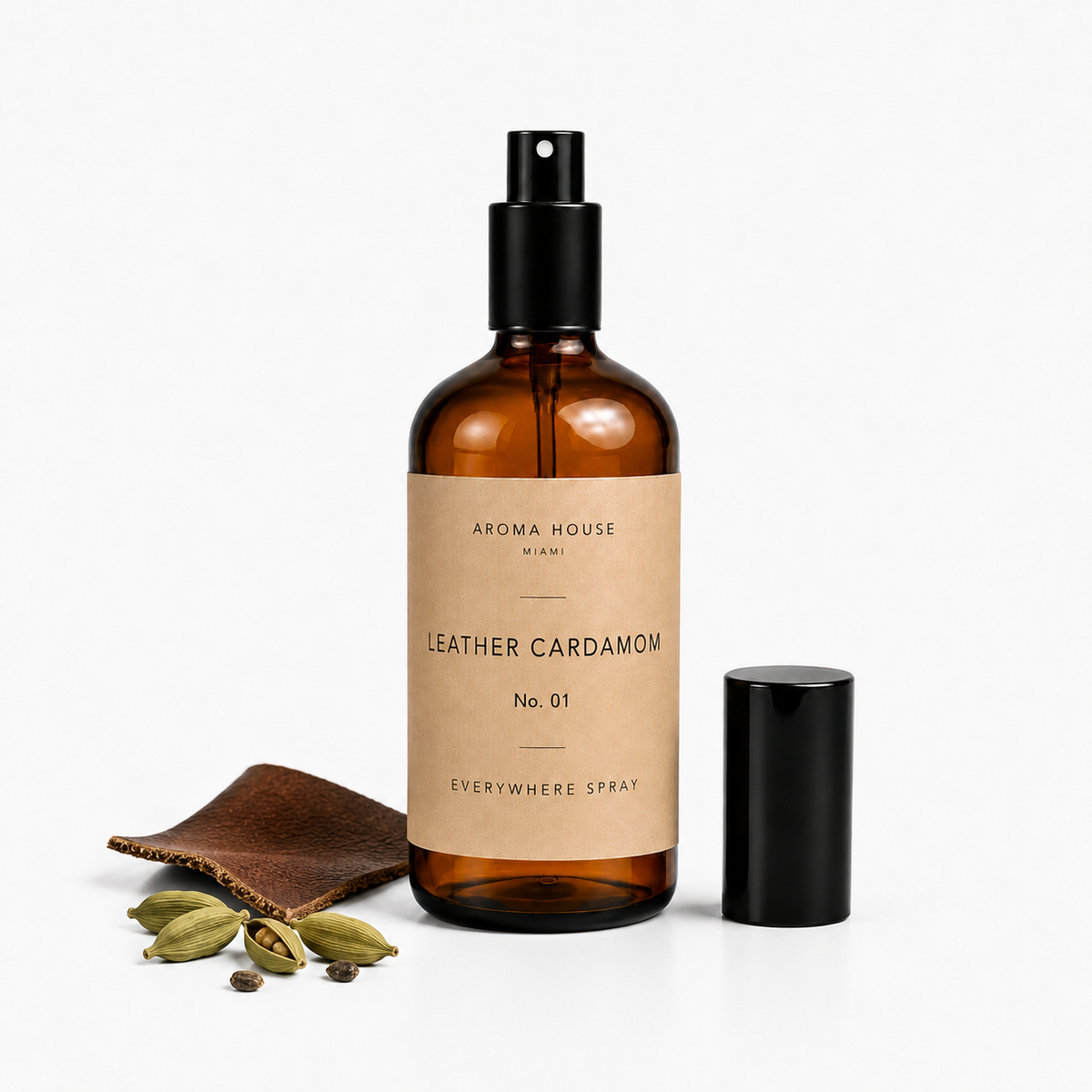 Leather Cardamom room and linen spray by Aroma House Miami, 3.4 fl oz amber glass bottle with leather, sandalwood, vetiver notes