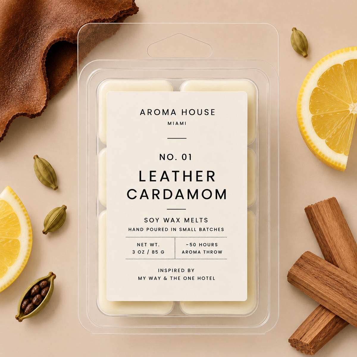 Leather Cardamom soy wax melt clamshell, hand poured in Miami, 3 oz / 85 g