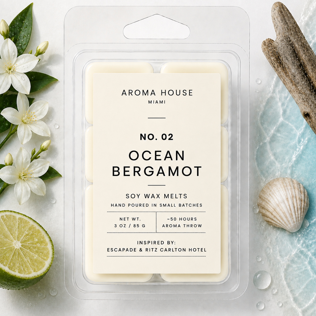 Ocean Bergamot soy wax melts by Aroma House Miami, 3 oz clamshell surrounded by lemon, jasmine, musk
