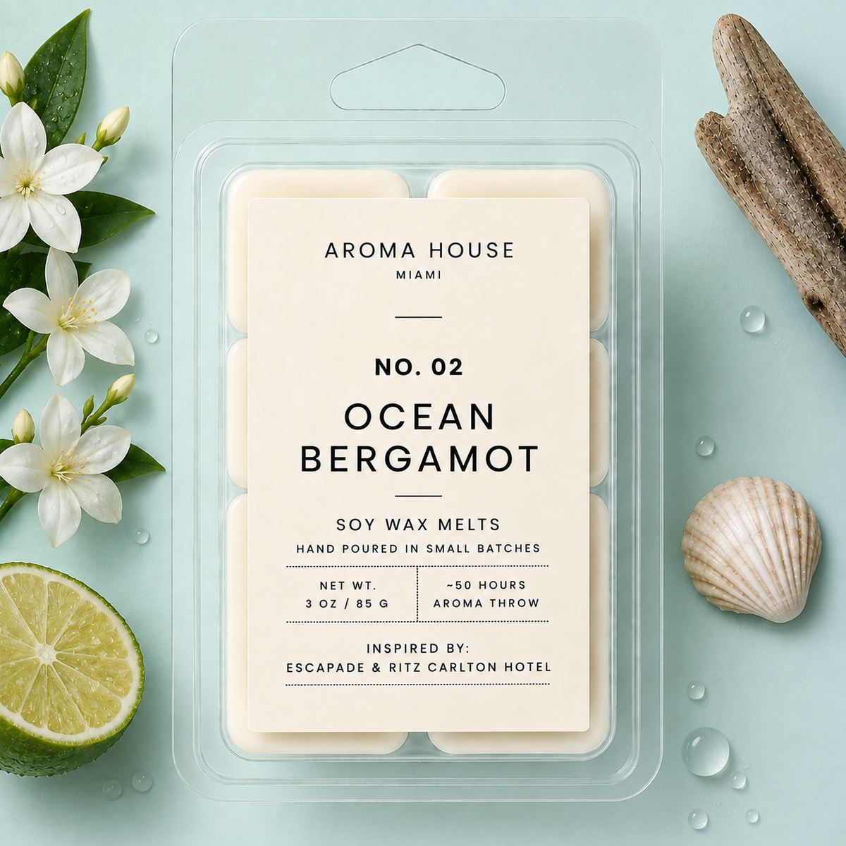 Ocean Bergamot soy wax melt clamshell, hand poured in Miami, 3 oz / 85 g