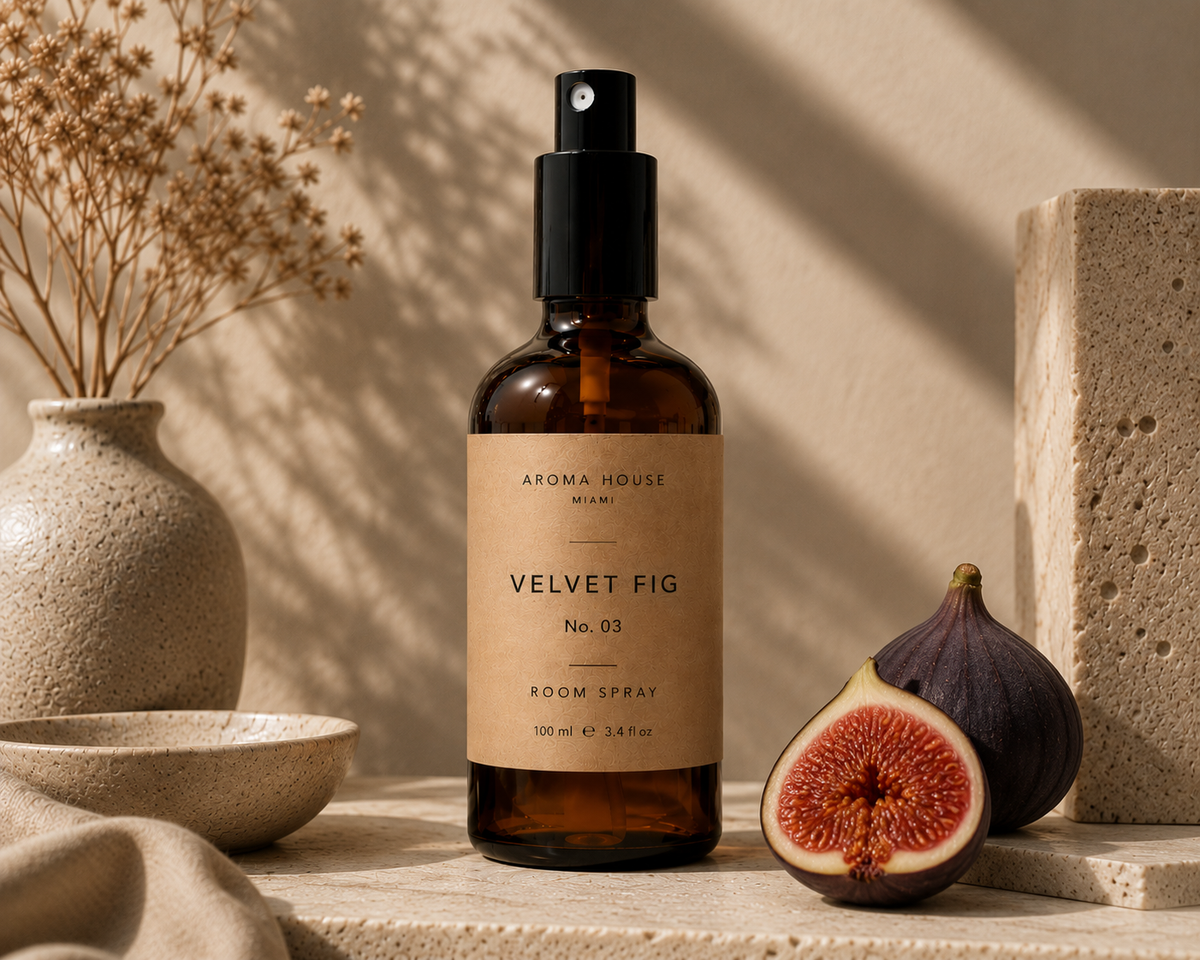 Velvet Fig room spray in amber glass bottle styled on a stone shelf, Aroma House Miami