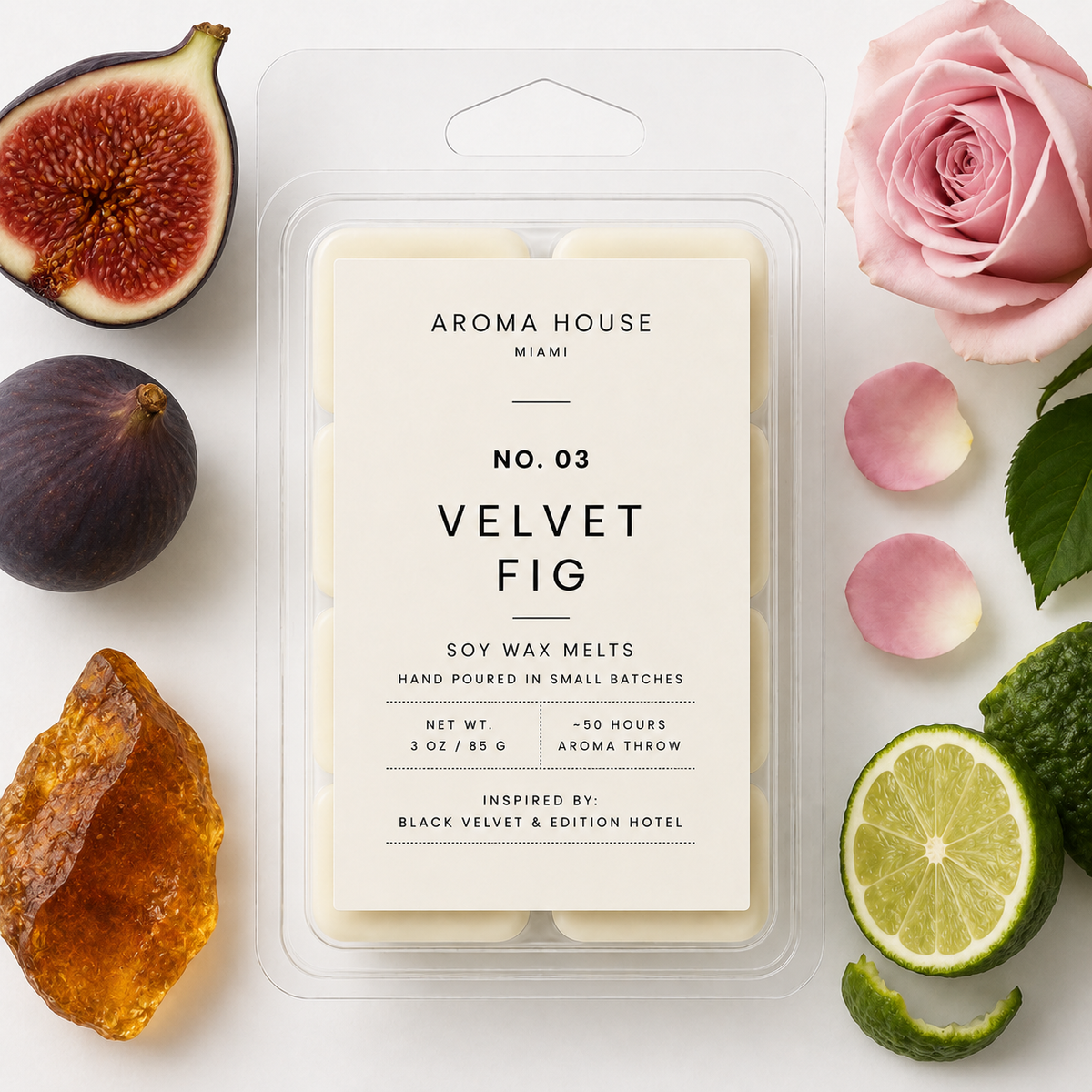 Velvet Fig soy wax melts by Aroma House Miami, 3 oz clamshell surrounded by lemon, freesia, amber