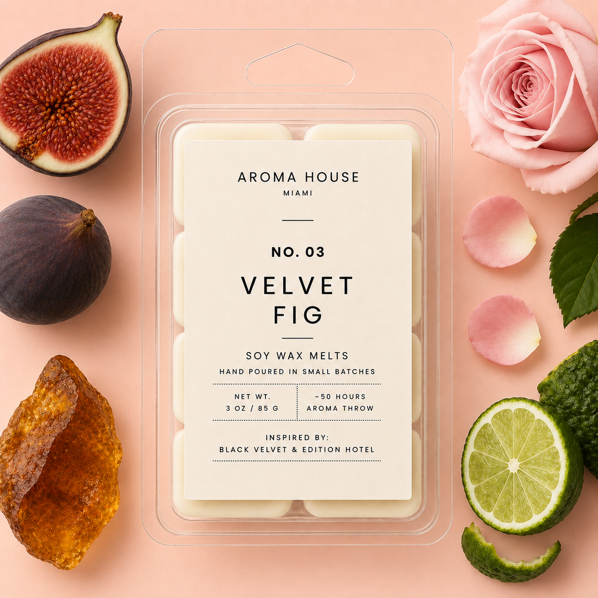 Velvet Fig soy wax melt clamshell, hand poured in Miami, 3 oz / 85 g