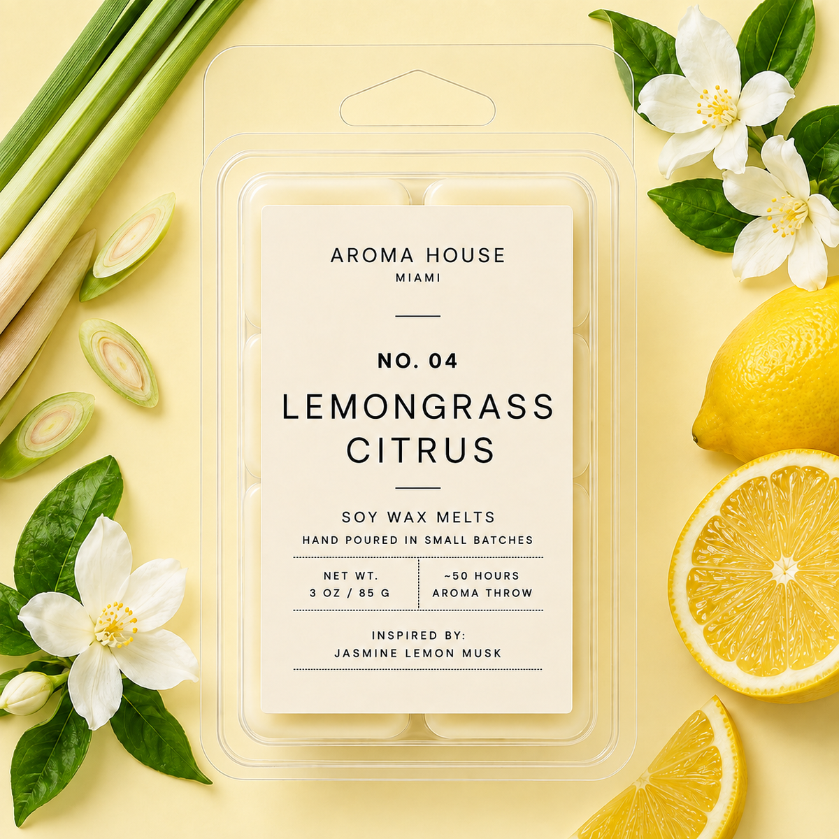 Lemongrass Citrus soy wax melt clamshell, hand poured in Miami, 3 oz / 85 g