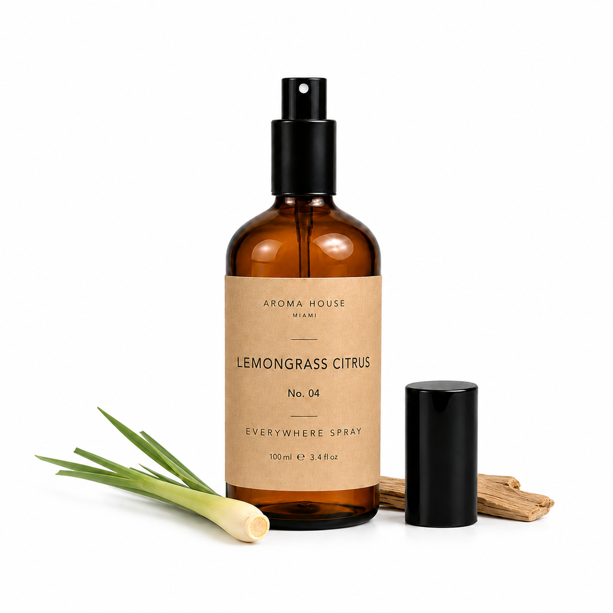 Lemongrass Citrus room and linen spray by Aroma House Miami, 3.4 fl oz amber glass bottle with bergamot, magnolia, koa wood notes