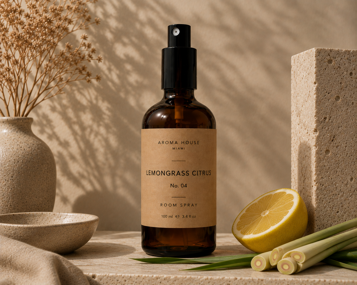 Lemongrass Citrus room spray in amber glass bottle styled on a stone shelf, Aroma House Miami