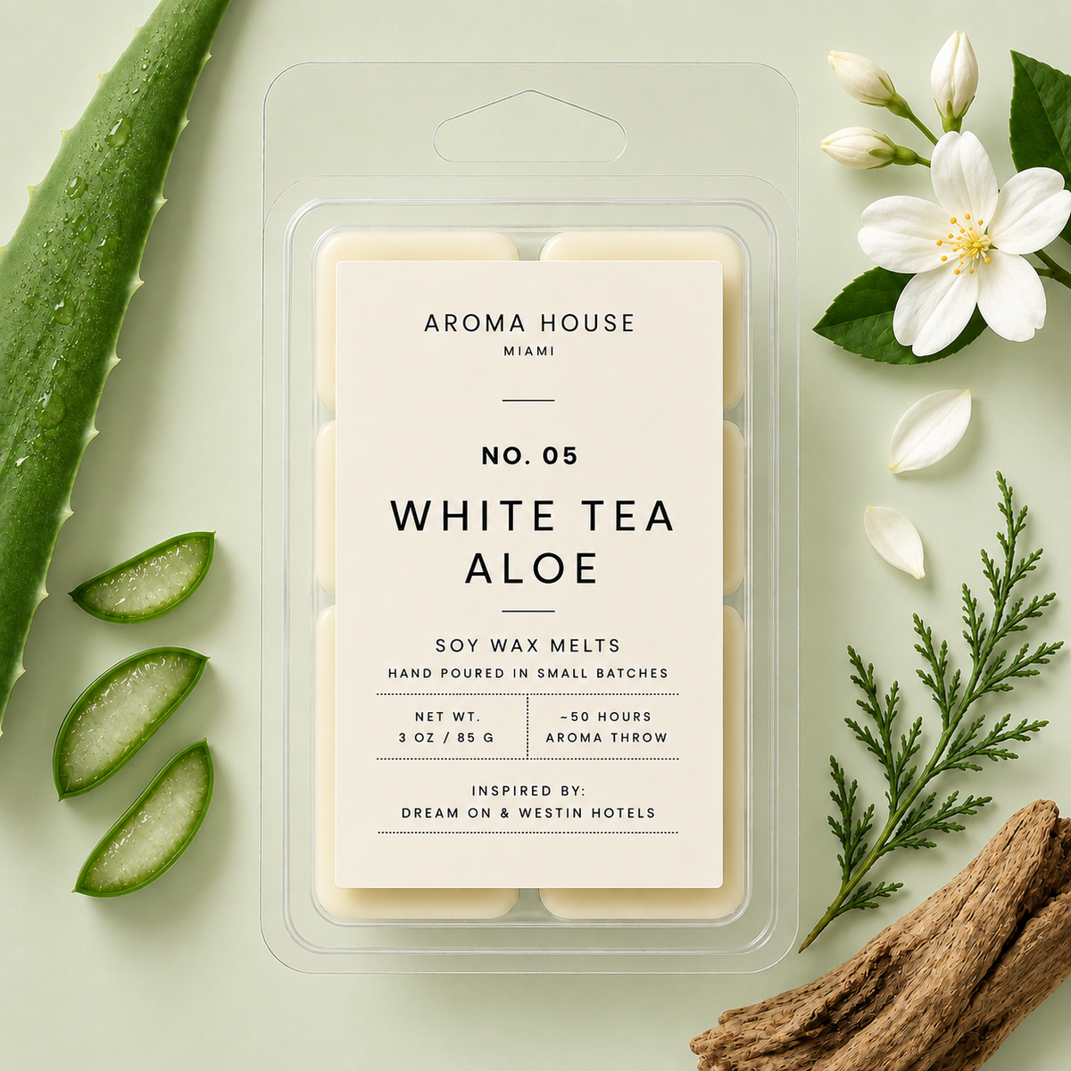 White Tea Aloe soy wax melt clamshell, hand poured in Miami, 3 oz / 85 g