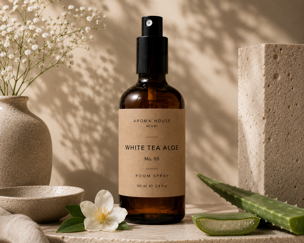 White Tea Aloe room spray in amber glass bottle styled on a stone shelf, Aroma House Miami