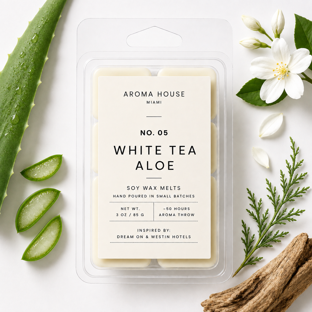 White Tea Aloe soy wax melts by Aroma House Miami, 3 oz clamshell surrounded by white tea, ginger, cedarwood