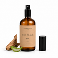 White Tea Aloe room and linen spray by Aroma House Miami, 3.4 fl oz amber glass bottle with white tea, ginger, cedarwood notes