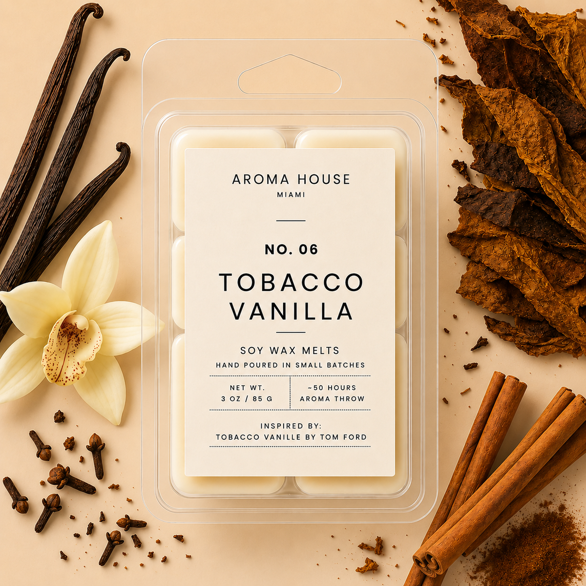 Tobacco Vanilla soy wax melt clamshell, hand poured in Miami, 3 oz / 85 g