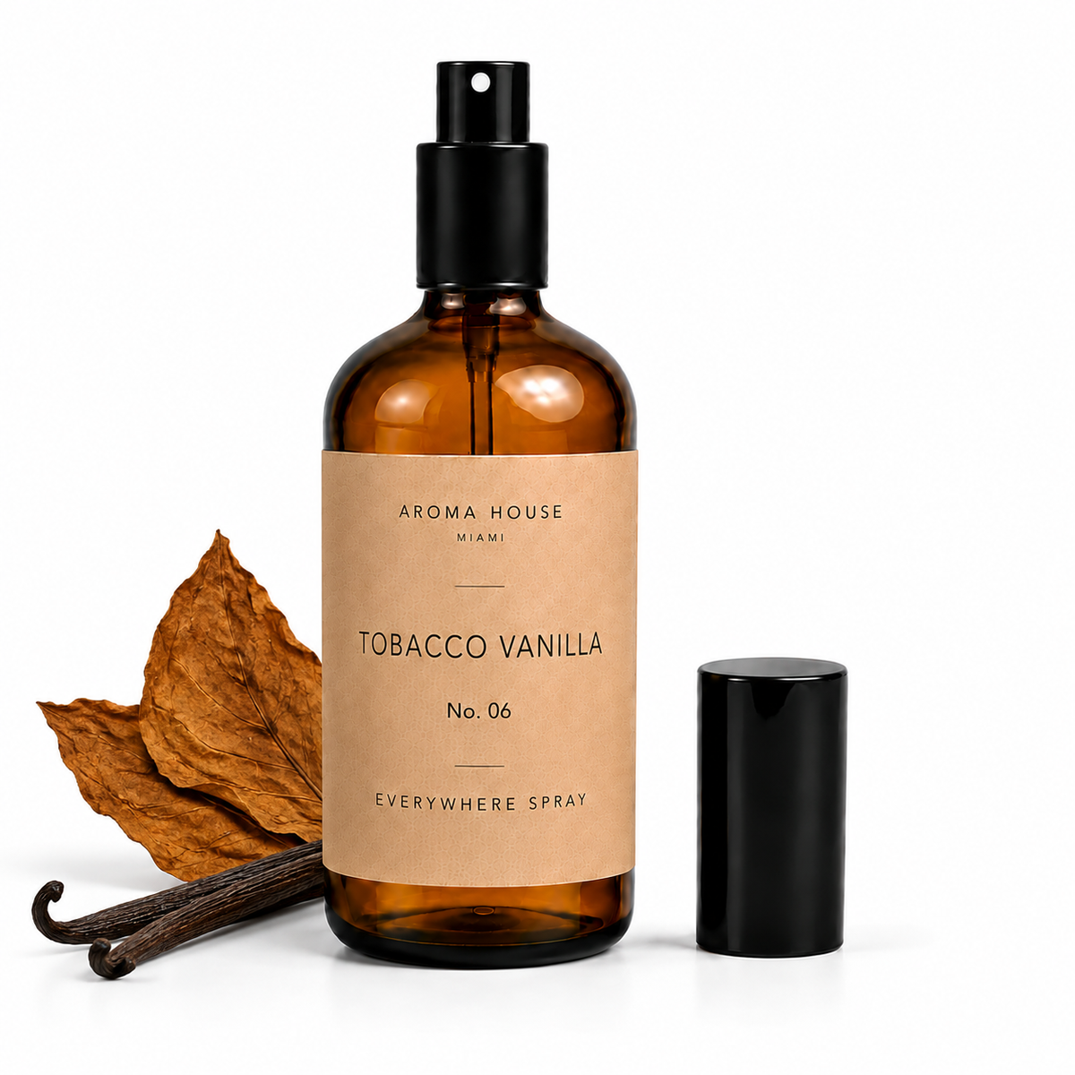 Tobacco Vanilla room and linen spray by Aroma House Miami, 3.4 fl oz amber glass bottle with spice, vanilla and woody notes