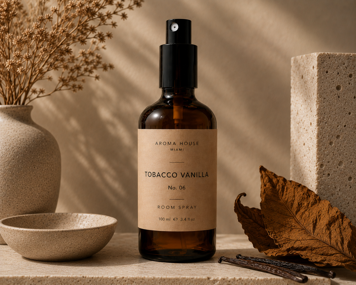Tobacco Vanilla room spray in amber glass bottle styled on a stone shelf, Aroma House Miami