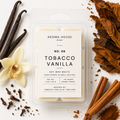 Tobacco Vanilla soy wax melts by Aroma House Miami, 3 oz clamshell surrounded by spices, vanilla, woody notes