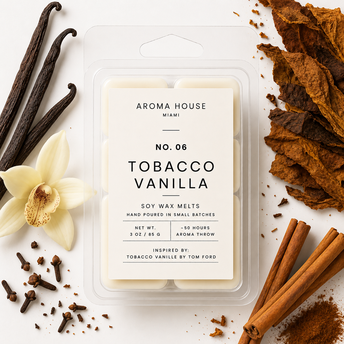 Tobacco Vanilla soy wax melts by Aroma House Miami, 3 oz clamshell surrounded by spices, vanilla, woody notes