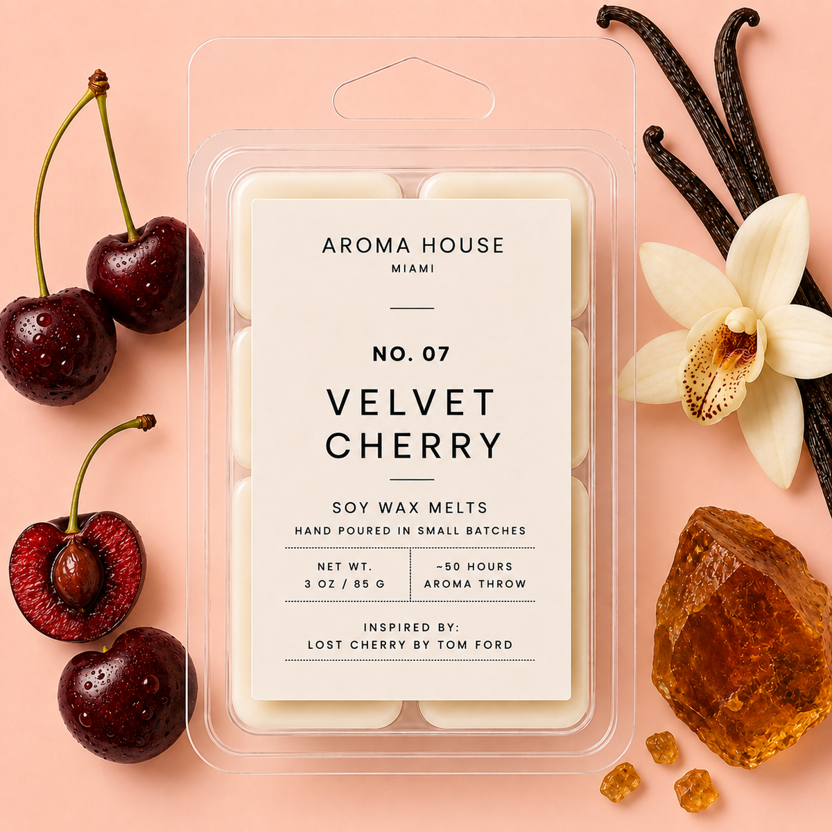 Velvet Cherry soy wax melt clamshell, hand poured in Miami, 3 oz / 85 g
