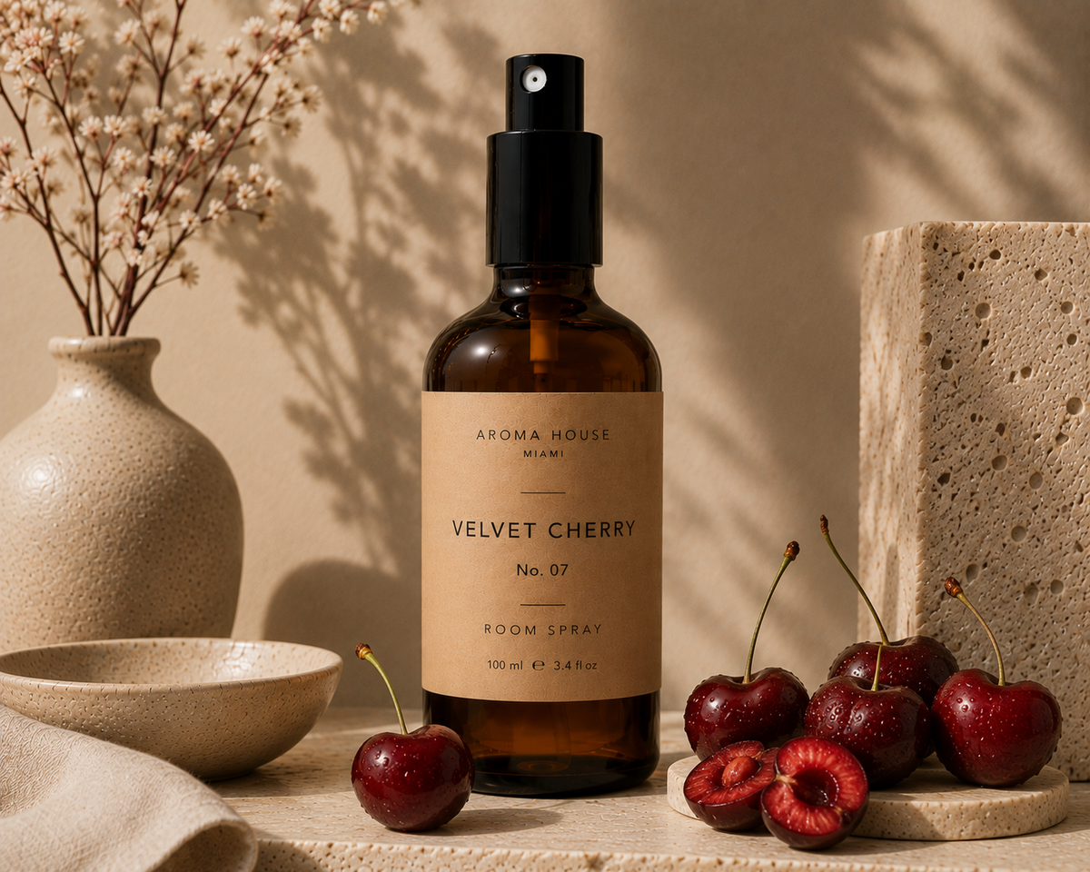 Velvet Cherry room spray in amber glass bottle styled on a stone shelf, Aroma House Miami