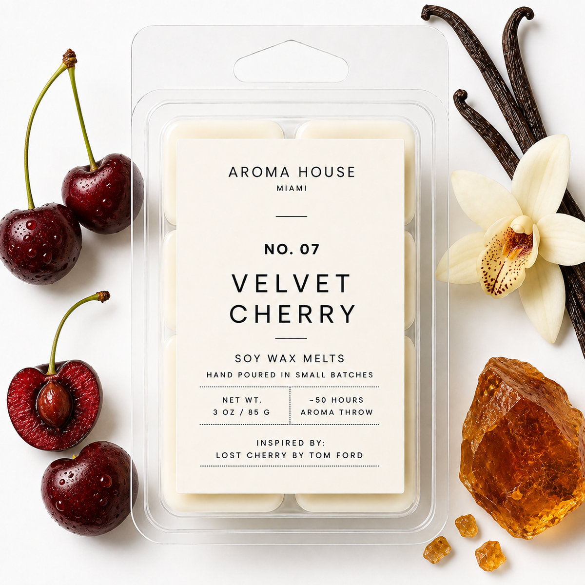 Velvet Cherry soy wax melts by Aroma House Miami, 3 oz clamshell surrounded by floral, vanilla, amber