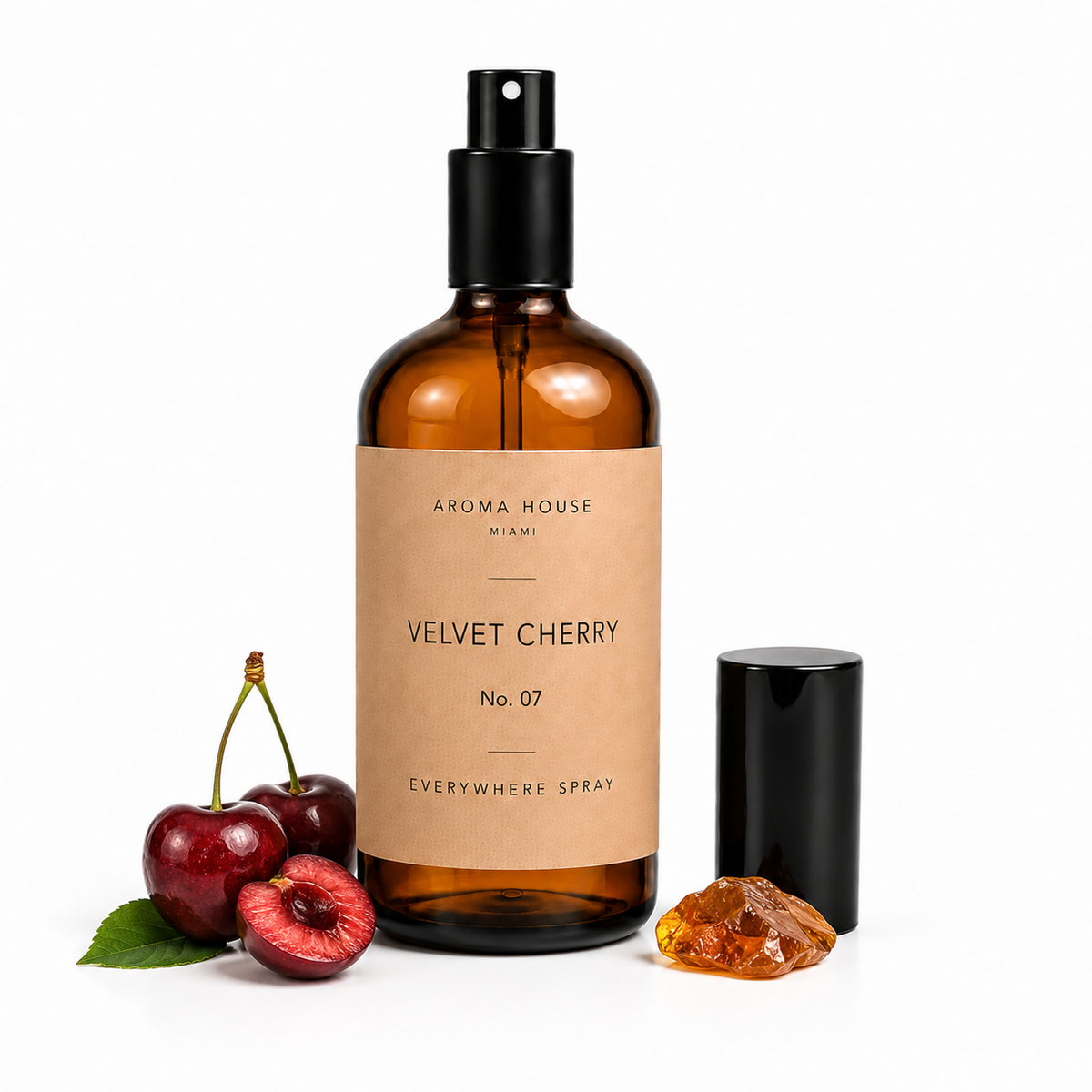 Velvet Cherry room and linen spray by Aroma House Miami, 3.4 fl oz amber glass bottle with floral, vanilla, amber notes