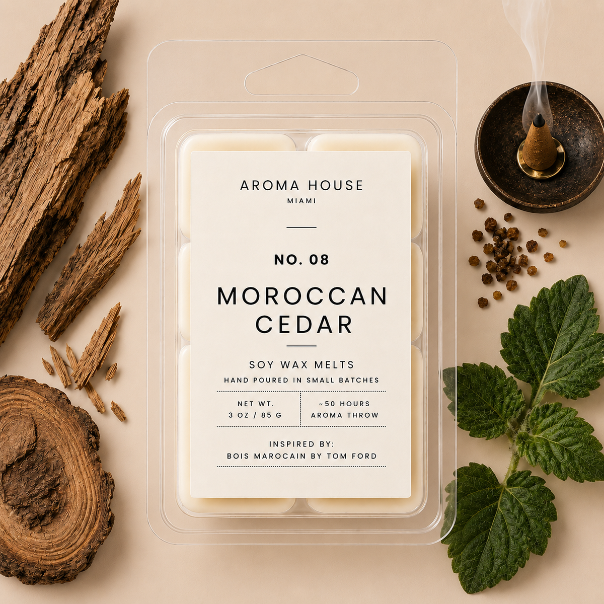 Moroccan Cedar soy wax melt clamshell, hand poured in Miami, 3 oz / 85 g