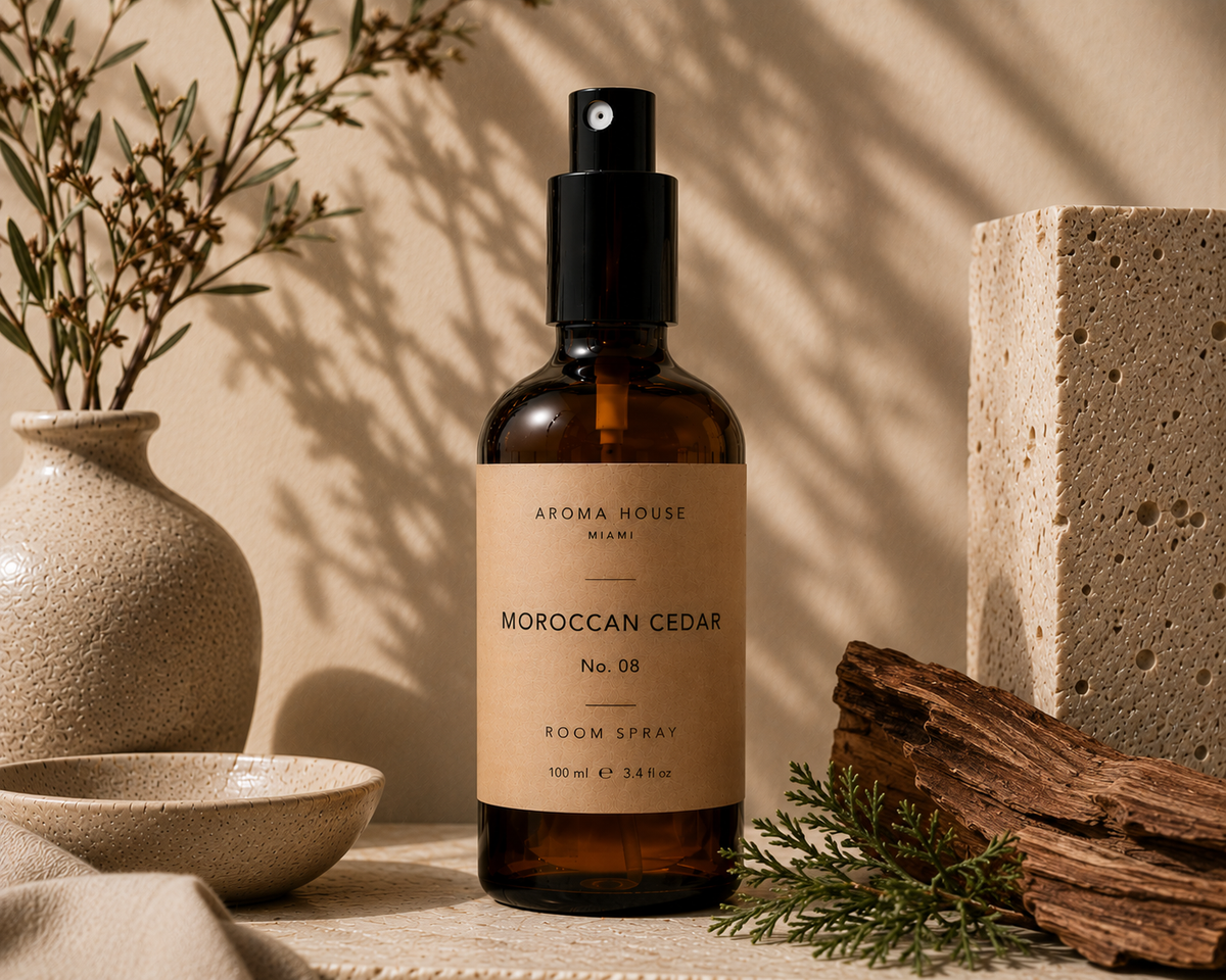 Moroccan Cedar room spray in amber glass bottle styled on a stone shelf, Aroma House Miami
