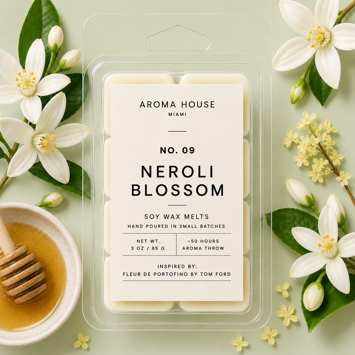 Neroli Blossom soy wax melt clamshell, hand poured in Miami, 3 oz / 85 g