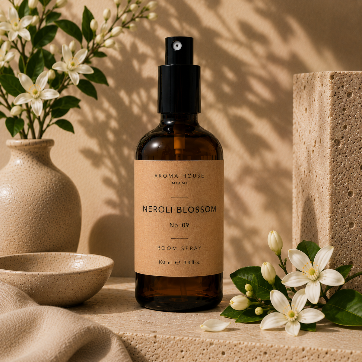 Neroli Blossom room spray in amber glass bottle styled on a stone shelf, Aroma House Miami