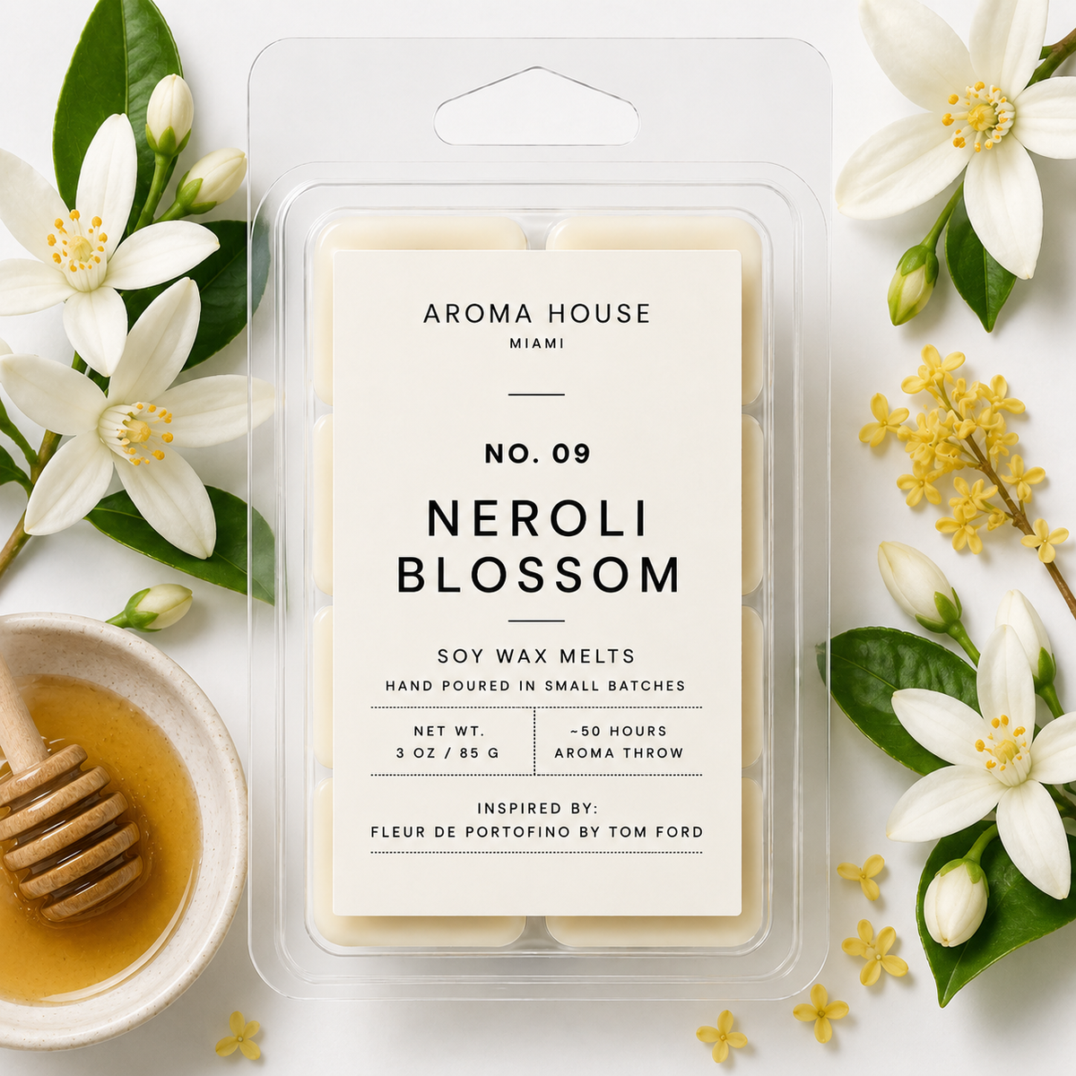 Neroli Blossom soy wax melts by Aroma House Miami, 3 oz clamshell surrounded by citruses, black locust, honey