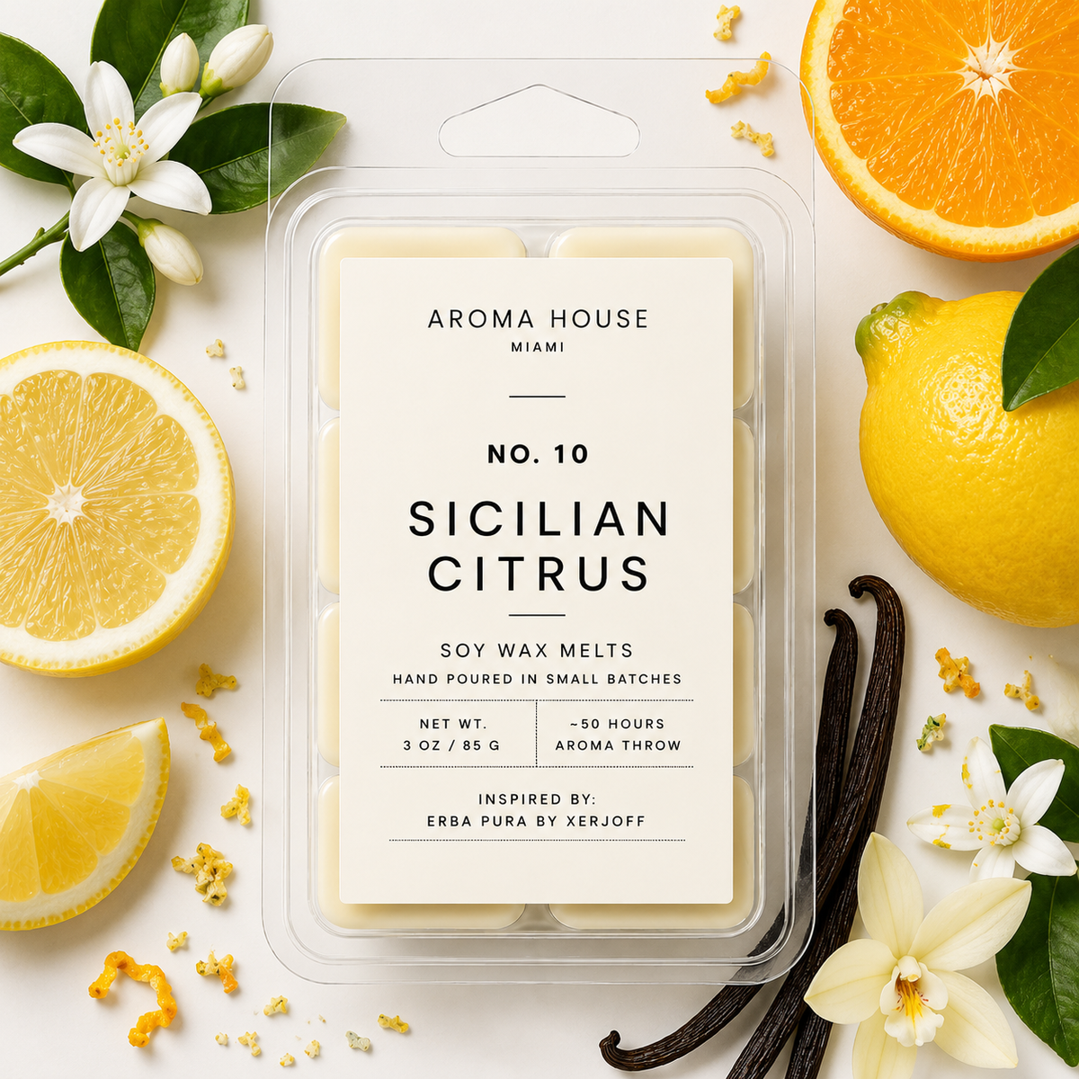 Sicilian Citrus soy wax melts by Aroma House Miami, 3 oz clamshell surrounded by sicilian orange, fruits, white musk