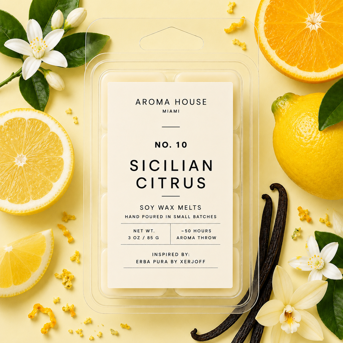 Sicilian Citrus soy wax melt clamshell, hand poured in Miami, 3 oz / 85 g