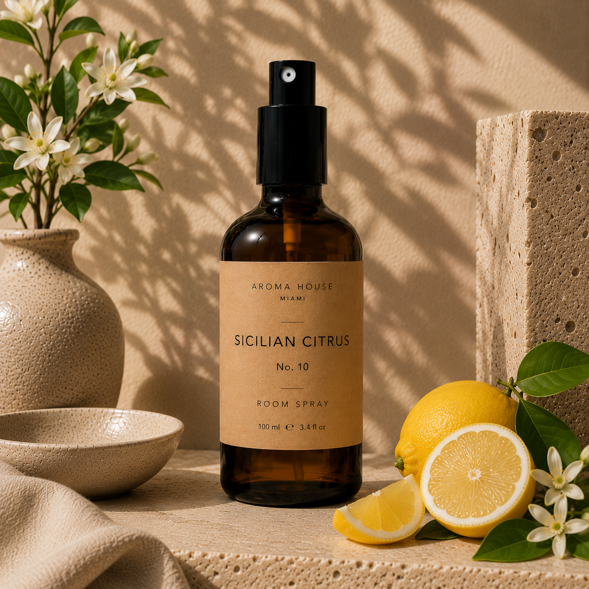 Sicilian Citrus room spray in amber glass bottle styled on a stone shelf, Aroma House Miami