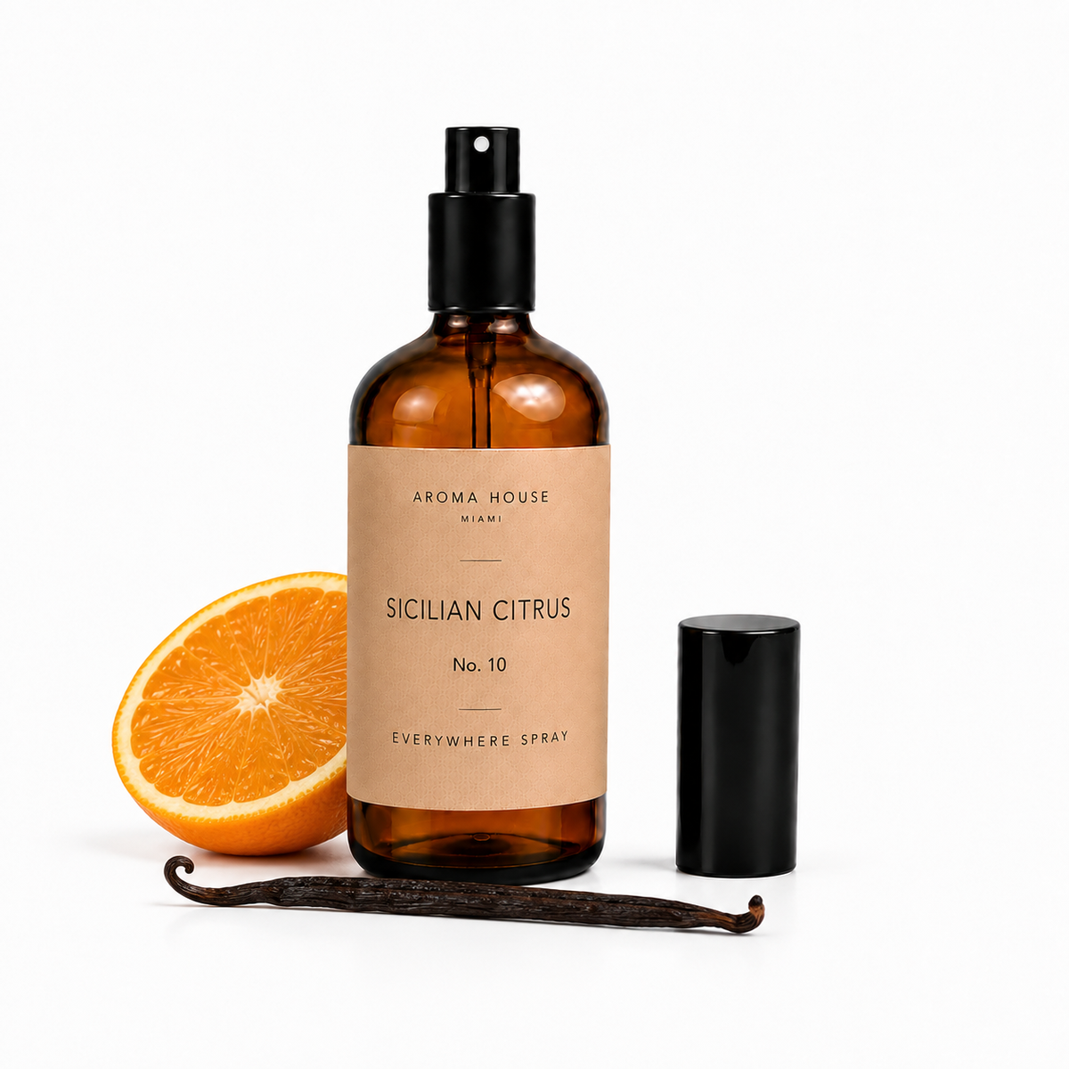 Sicilian Citrus room and linen spray by Aroma House Miami, 3.4 fl oz amber glass bottle with sicilian orange, fruits, white musk notes