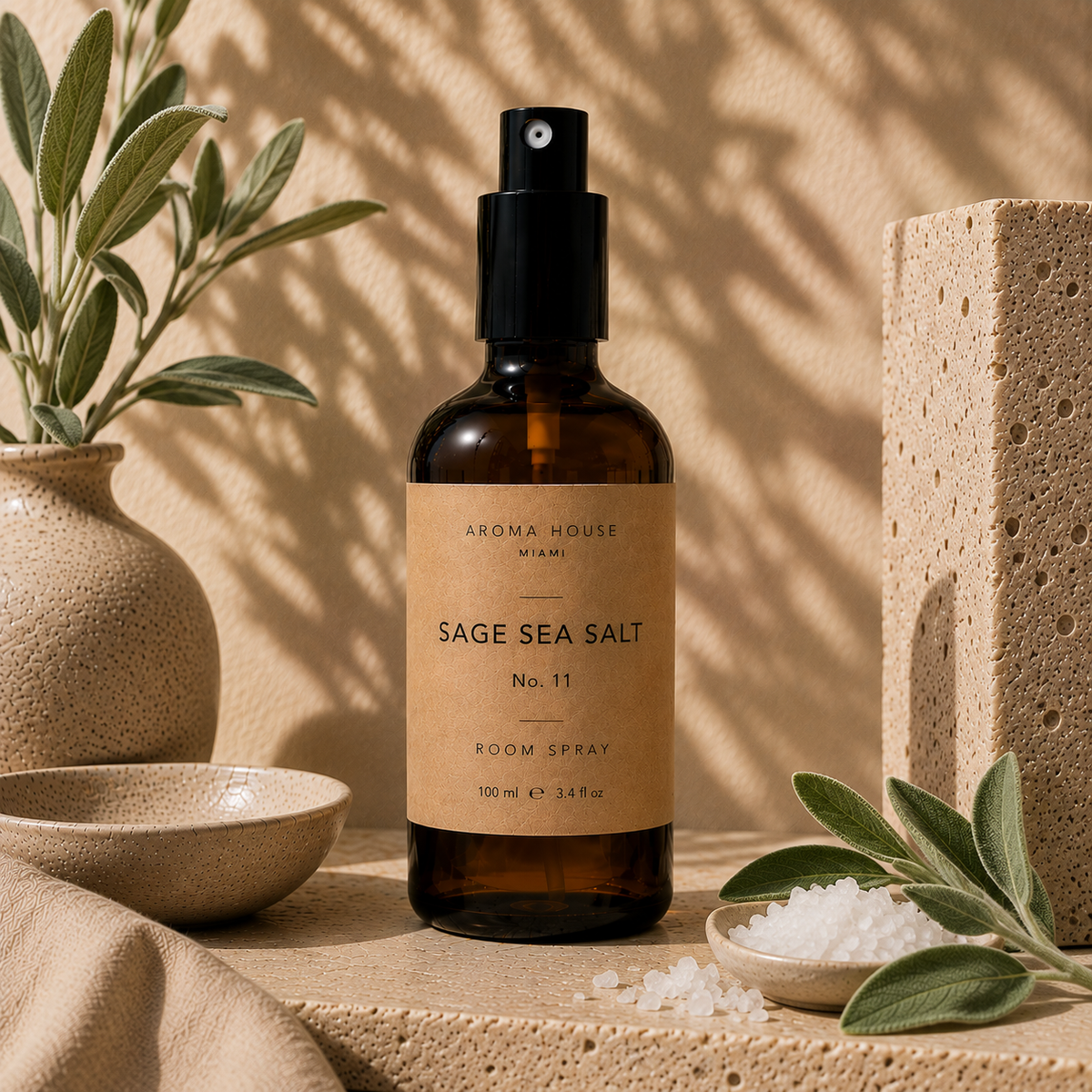 Sage Sea Salt room spray in amber glass bottle styled on a stone shelf, Aroma House Miami