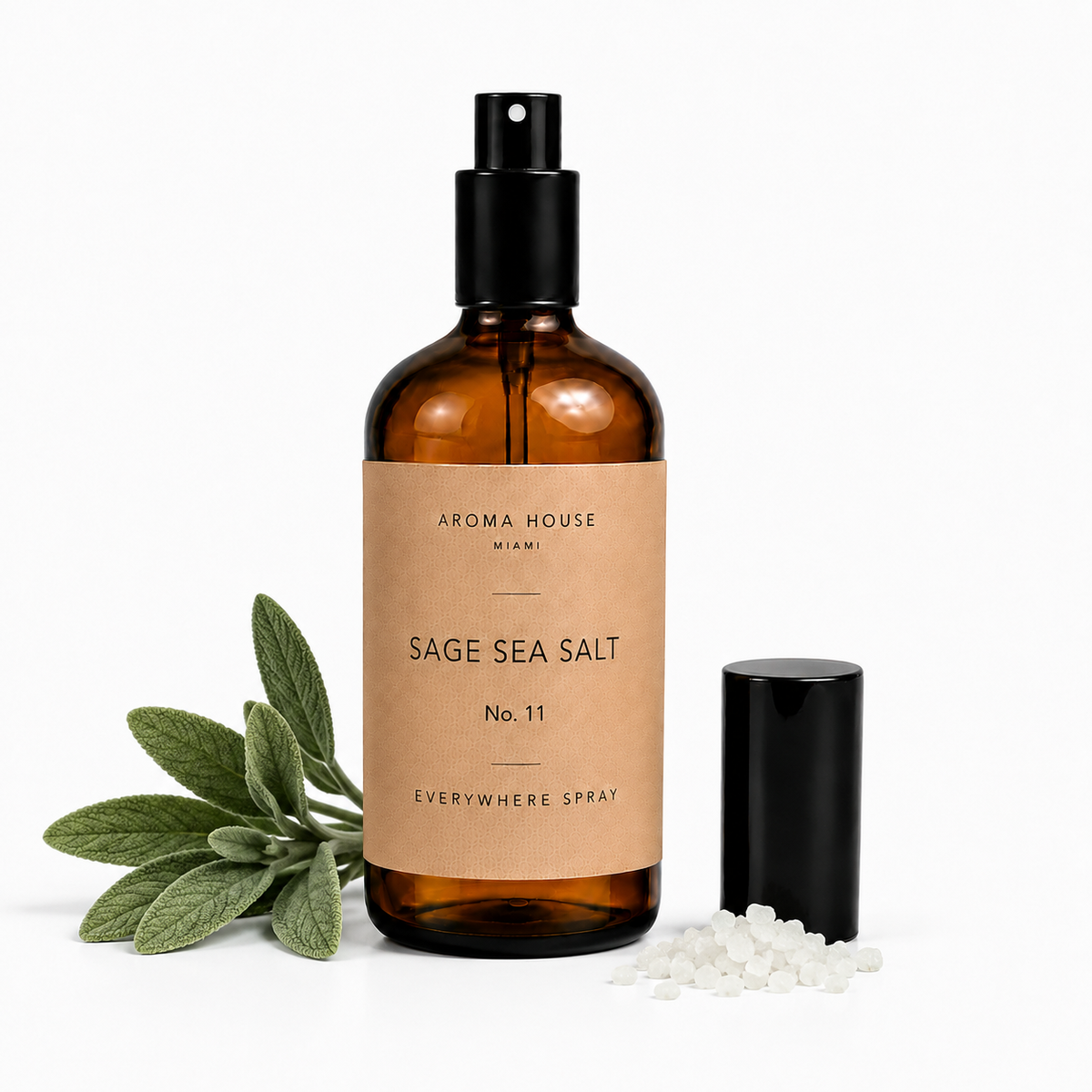 Sage Sea Salt room and linen spray by Aroma House Miami, 3.4 fl oz amber glass bottle with sage, sea salt, ambrette seed notes