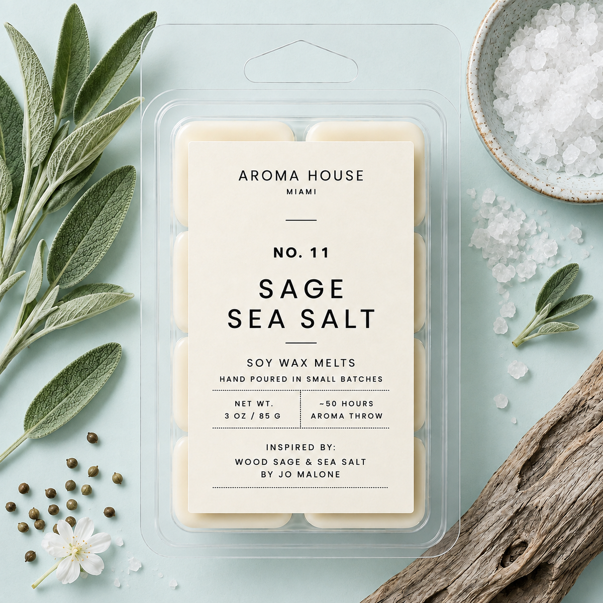 Sage Sea Salt soy wax melt clamshell, hand poured in Miami, 3 oz / 85 g