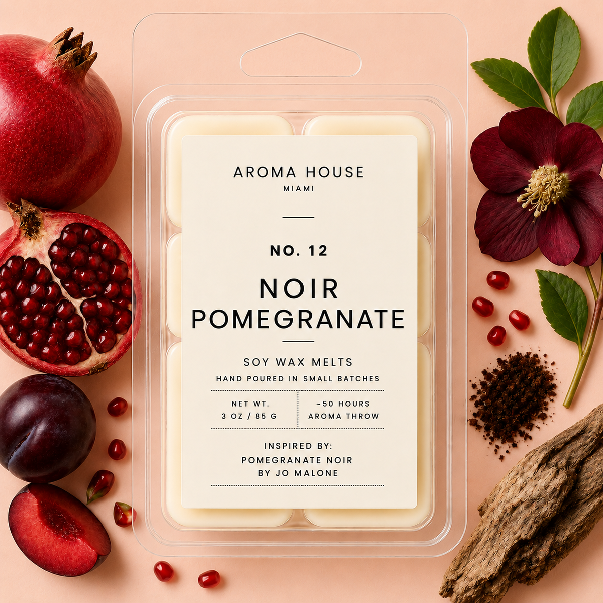 Noir Pomegranate soy wax melt clamshell, hand poured in Miami, 3 oz / 85 g