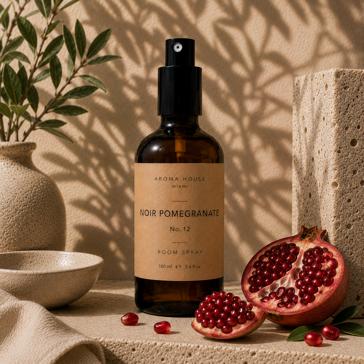 Noir Pomegranate room spray in amber glass bottle styled on a stone shelf, Aroma House Miami