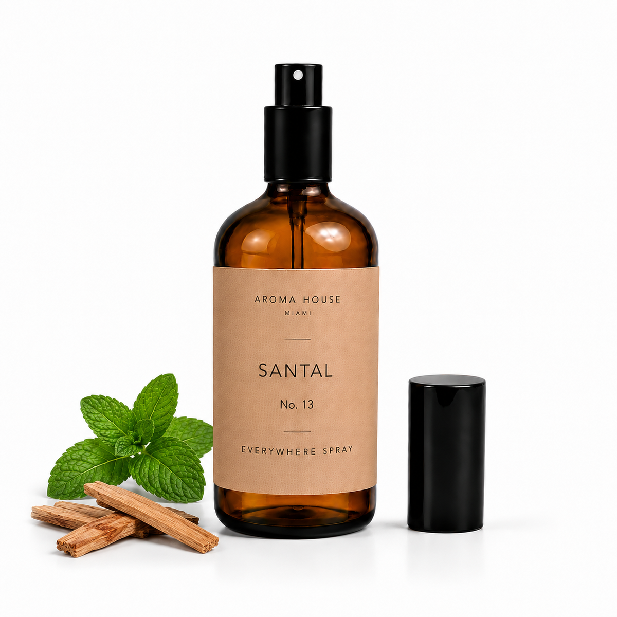 Santal room and linen spray by Aroma House Miami, 3.4 fl oz amber glass bottle with cardamom, iris, violet notes