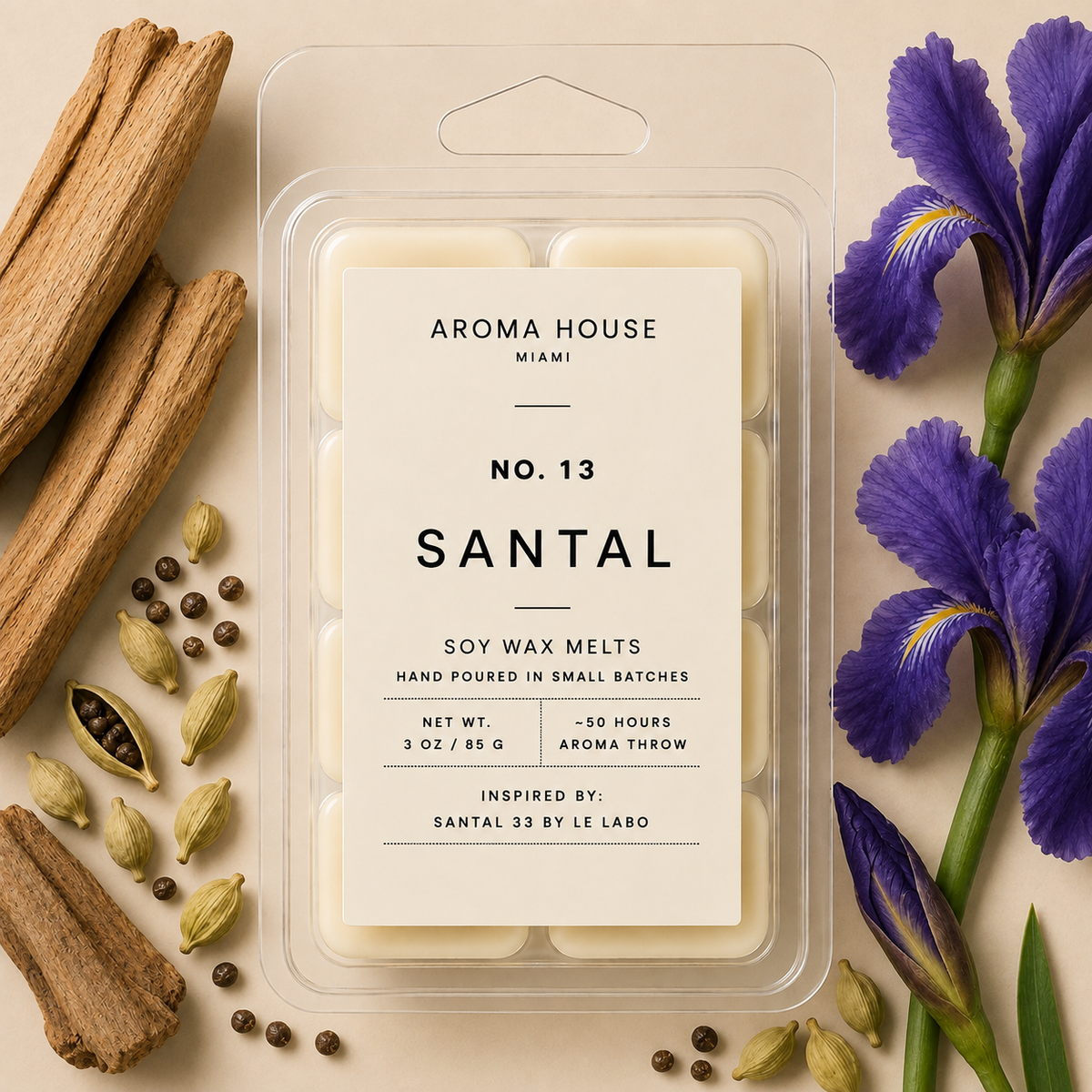Santal soy wax melt clamshell, hand poured in Miami, 3 oz / 85 g
