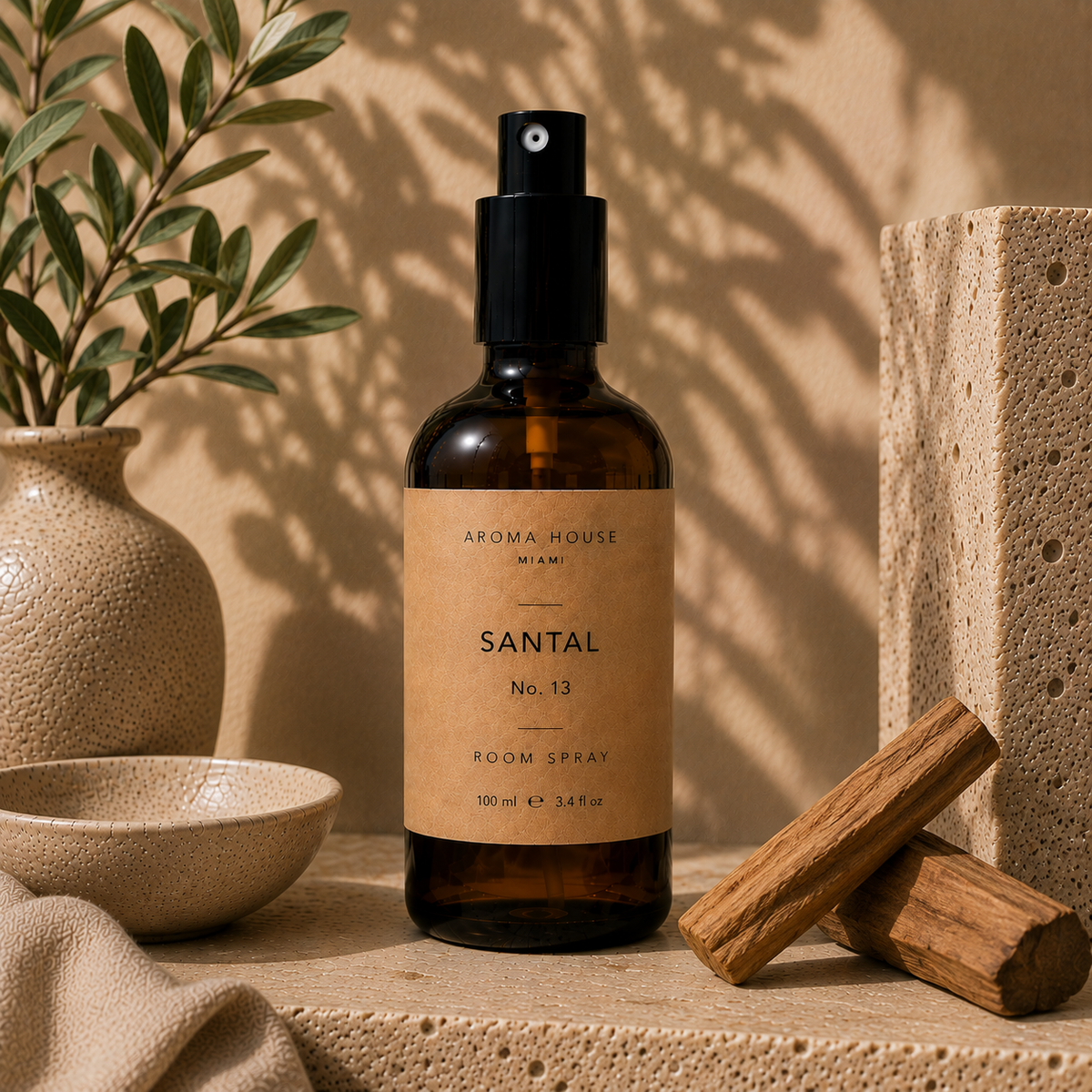 Santal room spray in amber glass bottle styled on a stone shelf, Aroma House Miami