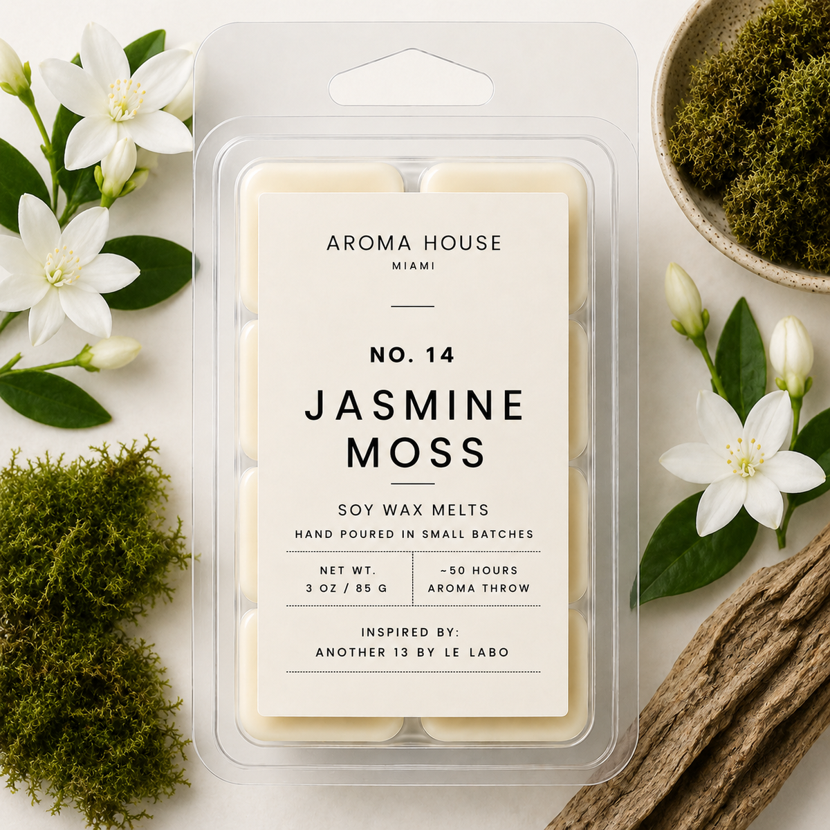 Jasmine Moss soy wax melts by Aroma House Miami, 3 oz clamshell surrounded by pear, ambrette, animalistic musk